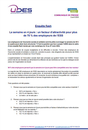 Résultats de l'enquête flash de l'UDES "La semaine de 4 jours : facteur d'attractivité pour plus de 75 employeurs de l'ESS".