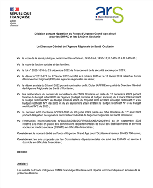 Décision portant répartition du Fonds d'Urgence Grand Age alloué pour les EHPAD et les SAAD en Occitanie